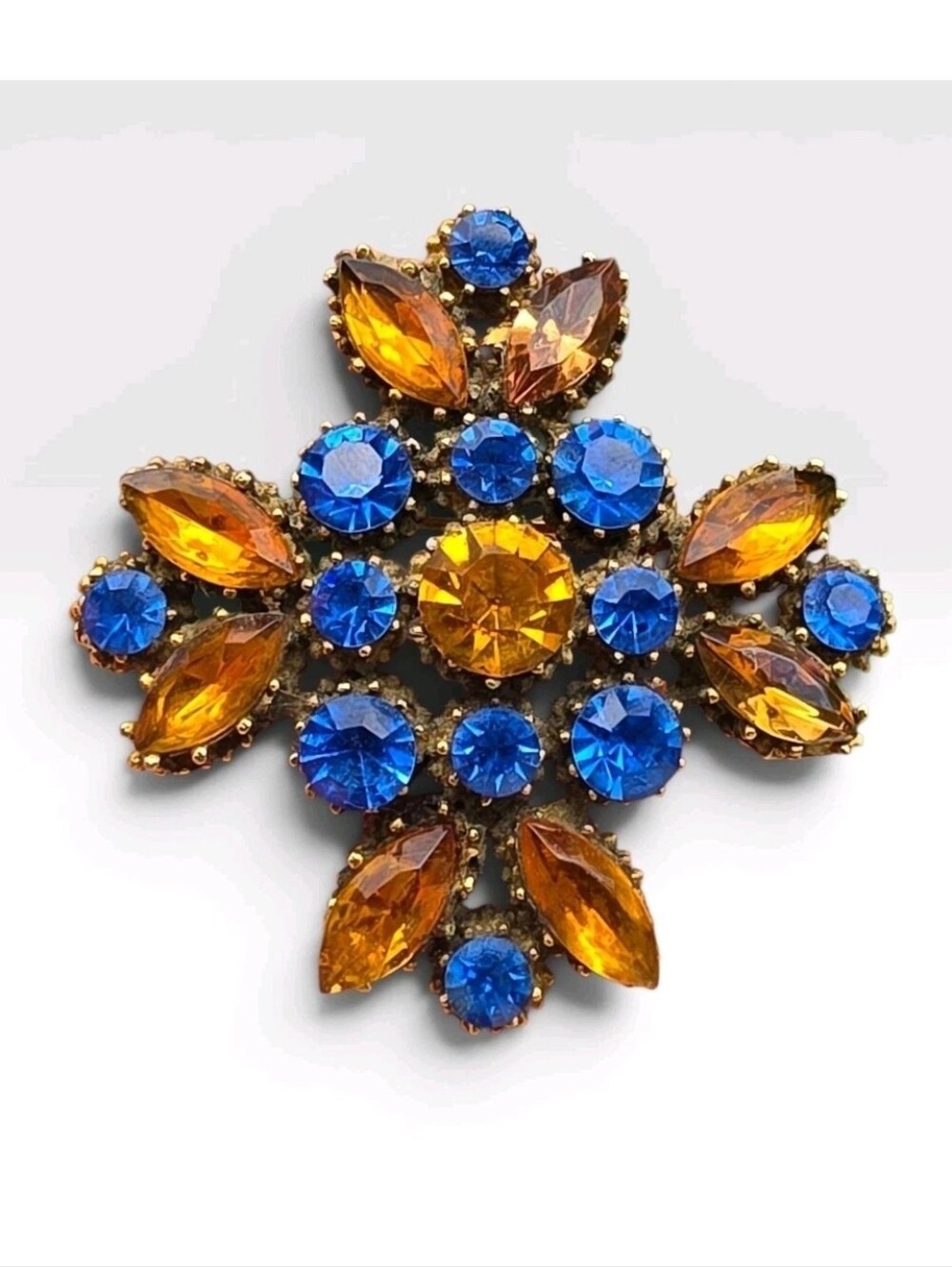 Vintage Blue Yellow Amber Rhinestone Maltese Cross Brooch Gold Tone 2.5”